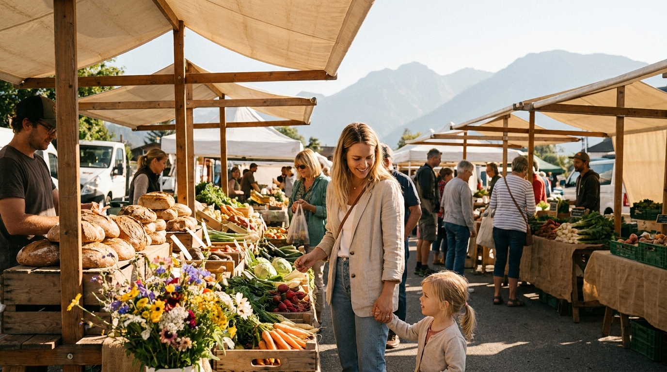 Local produce and crowds at an outdoor farmers market